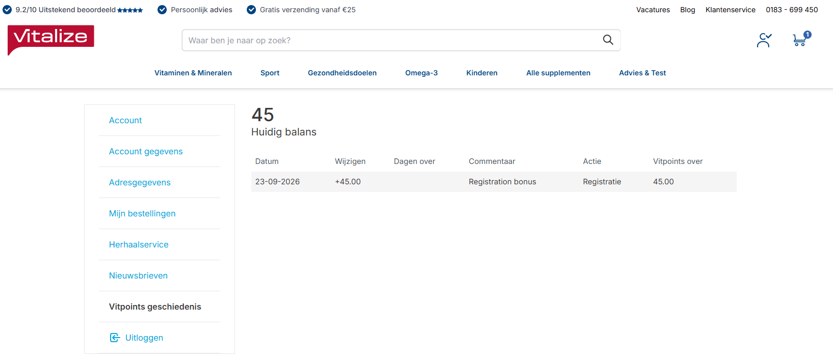 Vitpoints saldo bekijken in je Vitalize account
