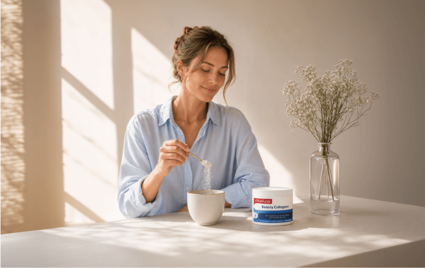 rouw die collageen poeder toevoegt aan haar ochtendroutine